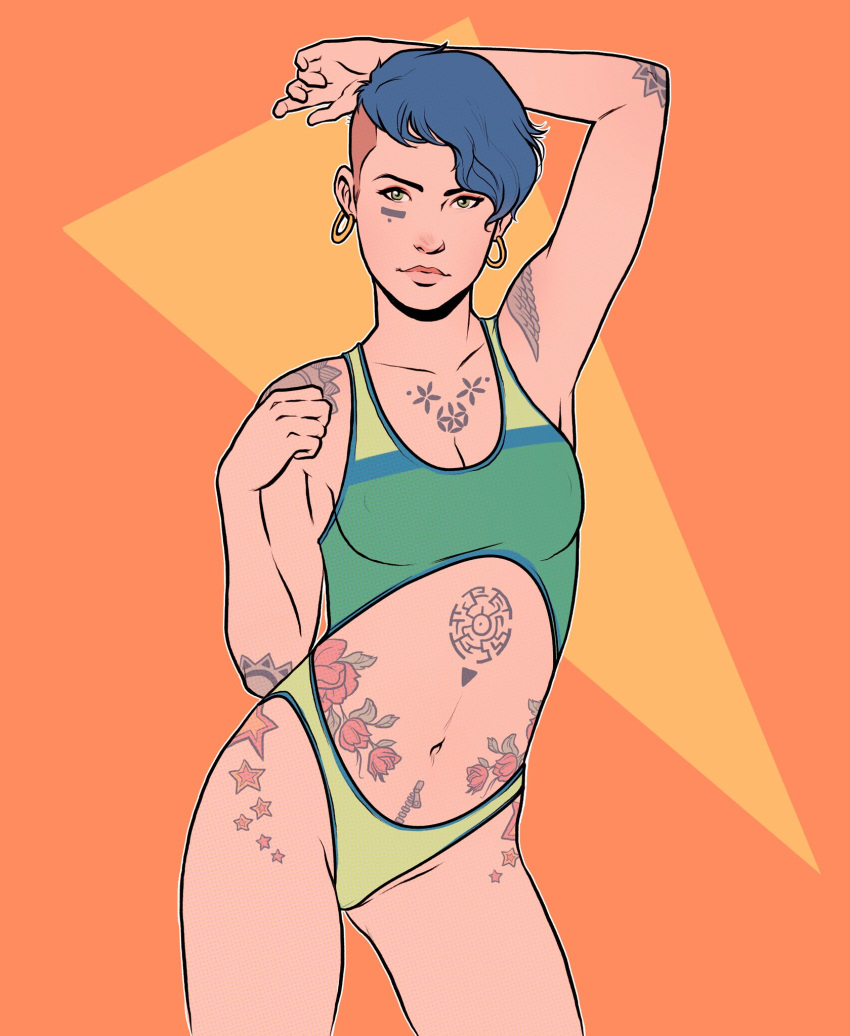 1girls blue_hair earrings numitor shaved_side short_hair simple_background solo tattoo very_short_hair