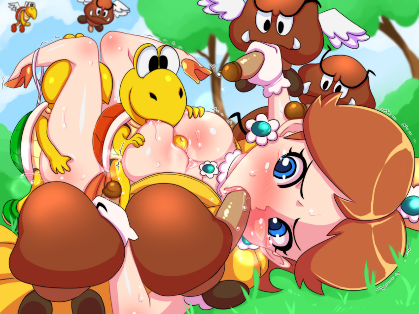 1girls 6+boys ambiguous_penetration areolae blowjob blue_eyes breast_sucking breasts brown_hair dress earrings fellatio gangbang gangrape gloves goomba handjob humanoid_penis interspecies kibazoku knees_together_feet_apart koopa_troopa mario_(series) monster multiple_boys nintendo nipples oral paizuri penetration penis princess_daisy rape sex short_hair size_difference smaller_male sucking sucking_nipples super_mario_bros. thighs