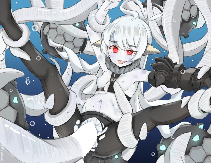 abyssal_ship air_bubble bangs big_belly blank_censor blush breasts bubble censored enemy_naval_mine_(kantai_collection) eyebrows_visible_through_hair female floating_hair hair_between_eyes kantai_collection long_hair nekokyun new_battleship_princess nipples open_mouth red_eyes shinkaisei-kan small_breasts solo stomach_bulge submerged tears tentacle tentacle_sex underwater underwater_sex vaginal_penetration water white_hair