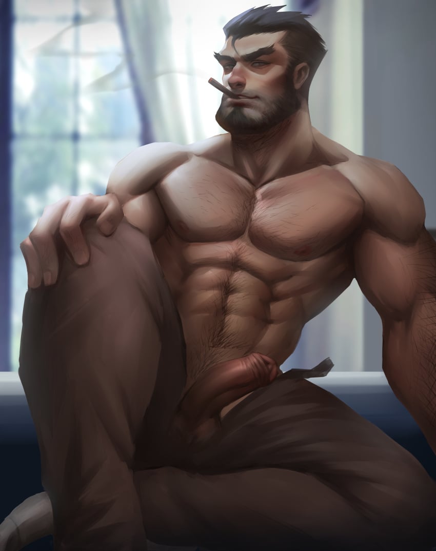 1boy abs absurdres arm_hair bara beard blurry blurry_background brown_hair chest_hair cigar dark_skin erection facial_hair foot_out_of_frame foreskin forked_eyebrows gazef_stronoff hair_slicked_back hairy highres knee_up looking_at_viewer male_focus male_only male_pubic_hair mature_male military military_uniform muscular muscular_male navel navel_hair nipples official_alternate_costume open_fly overlord_(maruyama) pectorals penis pubic_hair short_hair sitting smoking solo stomach thick_eyebrows topless_male uncensored uniform uu_(pixiv11319066) window