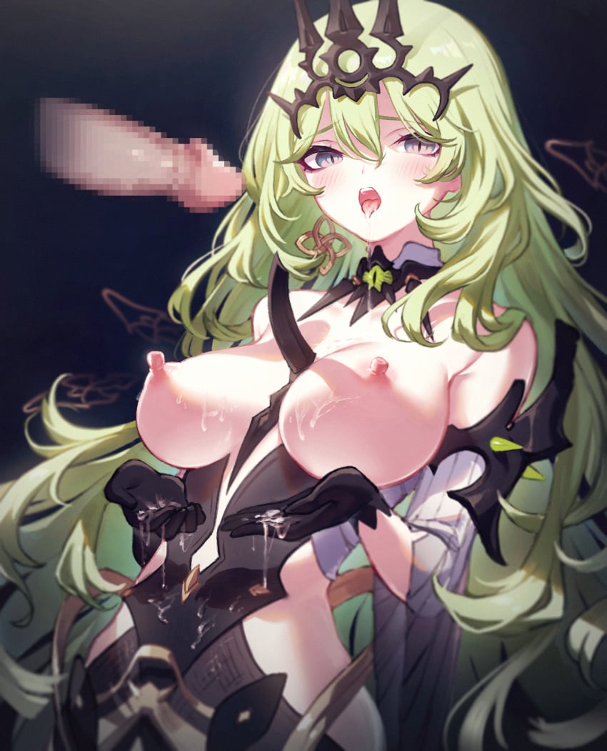 1boy blush breasts censored collar cum cum_on_body earrings ejaculation female gloves green_hair highres honkai_(series) honkai_impact_3rd jewelry long_hair looking_at_viewer medium_breasts mobius_(honkai_impact) mosaic_censoring nipples open_mouth penis sanooxo solo_focus straight