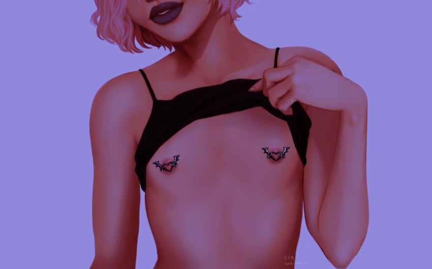 0lca0 ambiguous_gender breasts camisole camisole_lift close-up clothes_lift flashing flat_chest lips lipstick pierced_nipples piercing presenting realistic short_hair simple_background solo