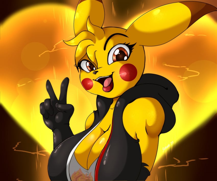 anthro breasts good_vibes nintendo no_humans peace_sign pichi_(suirano) pikachu pokemon smiling solo solo_female suirano v