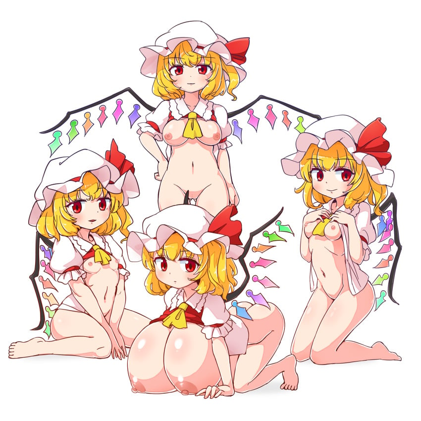 4girls blonde_hair breasts crystal flandre_scarlet four_of_a_kind_(touhou) highres huge_breasts itatatata large_breasts medium_breasts medium_hair multiple_girls nipples oerba_yun_fang one_side_up red_eyes red_vest shirt simple_background small_breasts touhou vest white_background white_shirt wings