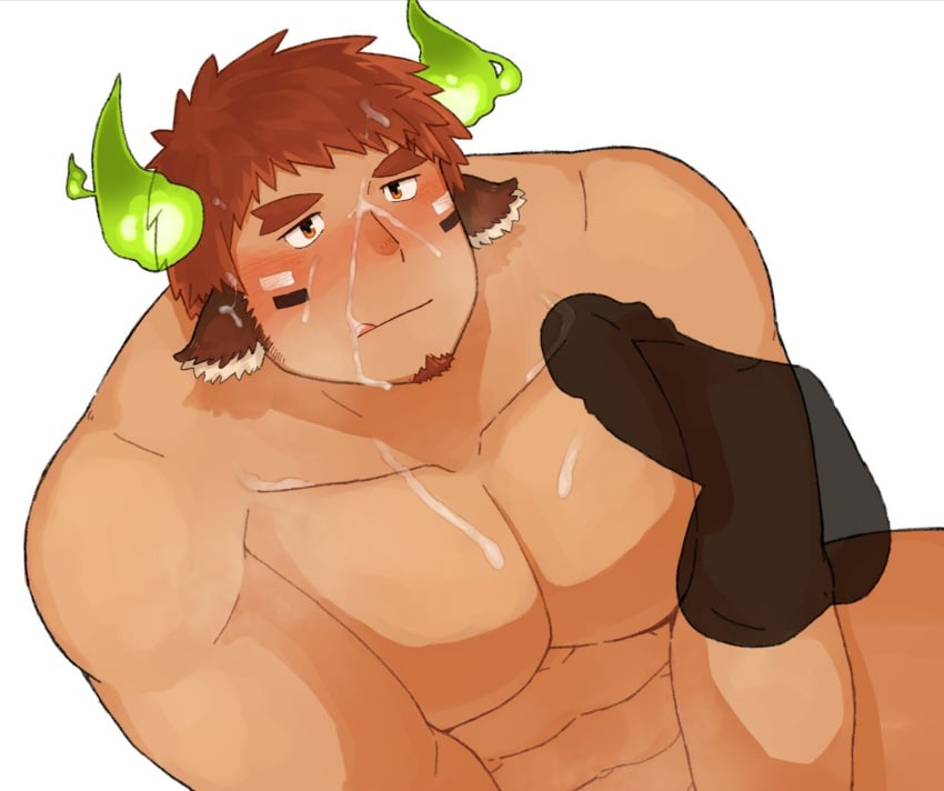 2boys :q abs animal_ears bara blush brown_eyes brown_hair completely_nude cow_boy cow_ears cow_horns cum cum_on_body cum_on_boy cum_on_pectorals dark_skin erection facial facial_hair feet_out_of_frame fiery_horns forked_eyebrows from_above goatee highres horns invisible_penis large_pectorals licking licking_cum male_focus multiple_boys muscular muscular_male nude pectoral_press pectorals penis short_hair solo_focus spiked_hair thick_eyebrows tokyo_afterschool_summoners tongue tongue_out tsuk8454 wakan_tanka yaoi