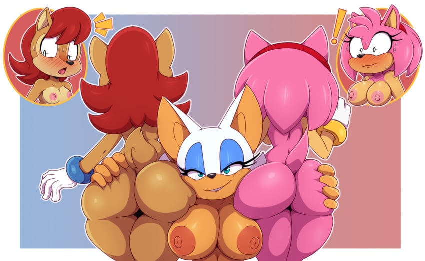 ! 3girls amy_rose ass ass_focus ass_grab bat big_breasts bigdon1992 blue_eyes breasts brown_fur exposed_torso eyelashes eyeshadow female gloves handwear hedgehog hi_res mostly_nude multiple_girls narrowed_eyes nipples nude pink_fur pink_hair red_hair rouge_the_bat sally_acorn seductive seductive_smile sega small_tail sonic_(series) sonic_the_hedgehog_(archie) sonic_the_hedgehog_(comics) sonic_the_hedgehog_(series) surprised thick_thighs trio wristwear yuri