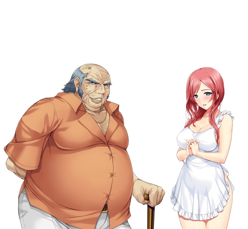 1boy 1girls 2d 2d_(artwork) alice_soft apron arima_shiori belt_buckle big_breasts blue_eyes cane cg couple couple_love duo fat_man father-in-law_and_daughter-in-law hands_behind_back hands_together heartful_maman highres kinosaki_juuzo lips lipstick looking_at_viewer milf mother necklace old_man onigirikun orange_shirt photoshop red_hair smile standing tagme thick_thighs thighs transparent_background ugly_bastard ugly_man white_pants