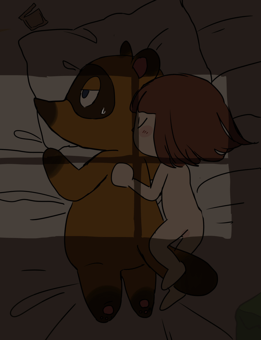 2020 absurd_res animal_crossing anthro ass bed blue_eyes blush bodily_fluids brown_body brown_fur canid canine chibi condom_wrapper duo female female_on_anthro fur furniture hi_res human human_on_anthro interspecies kemono lying male male/female male_on_human mammal nintendo nude pillow raccoon_dog semi she_tikin slightly_chubby sweat tanuki tom_nook video_games villager_(animal_crossing)