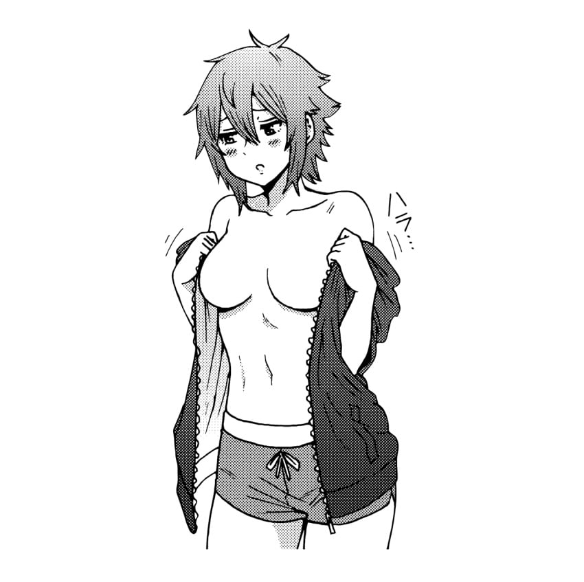 1girls aizawa_tomo artist_request black_and_white blush breasts embarrassed female female_only large_breasts male_swimwear male_swimwear_challenge mens_swimsuit_challenge no_nipples nude_edit removing_clothing removing_jacket short_hair swim_trunks tomboy tomo-chan_wa_onna_no_ko topless topless_bikini topless_female undressing white_background