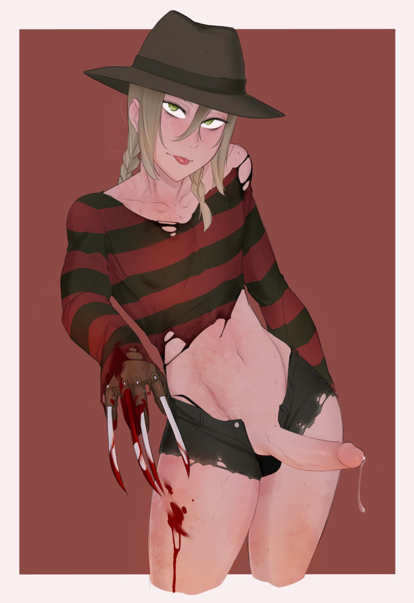 1boy blood erection femboy freddy_krueger halloween haruhssment hat nightmare_on_elm_street penis penis_out precum red_background shorts striped_clothing