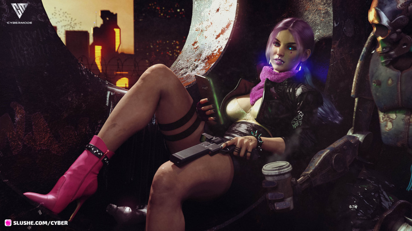 1girls 3d blue_eyes cyber_(artist) cyborg female glowing glowing_eyes gun high_heels large_breasts looking_at_viewer pink_hair pink_high_heels pinup purple_hair sci-fi science_fiction skirt slushe_(website) smartphone solo_focus spiked_bracelet spikes tagme vest vox_(cyber) window