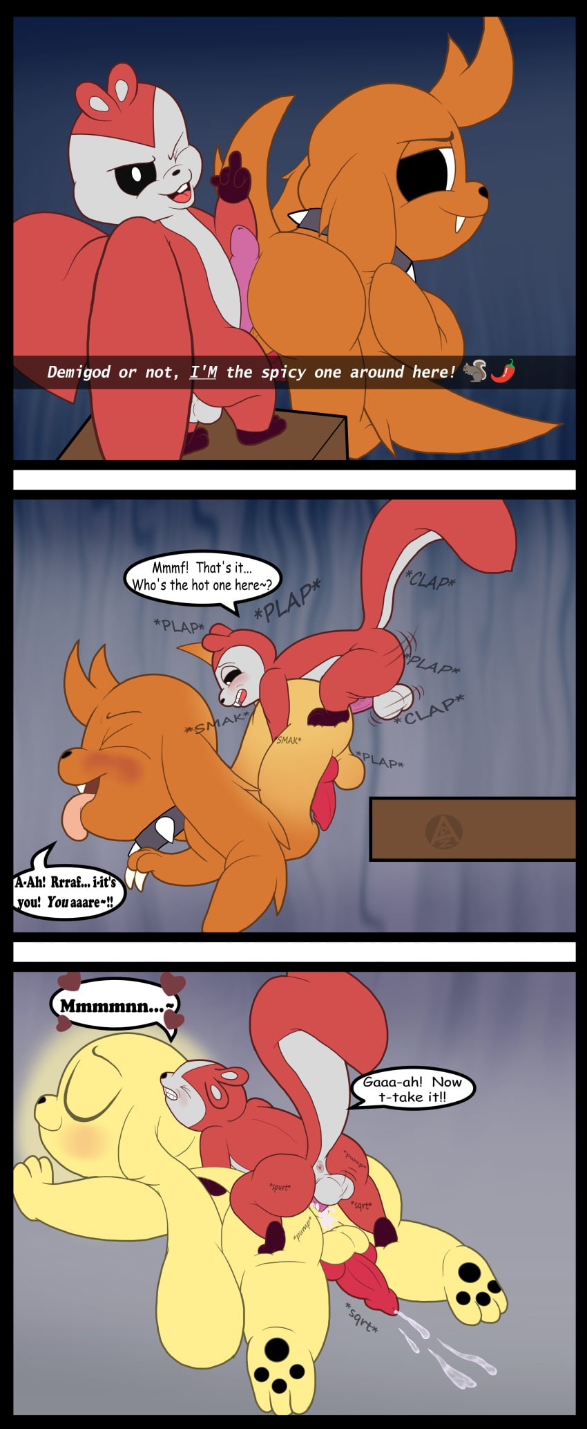 3_panel_comic absurd_res adozthechipmunk all_fours animal_genitalia animal_penis anthro anus ass_up backsack balls blush bodily_fluids bouncing_balls breath buckteeth butt canid canine canine_genitalia canine_penis chikn_nuggit chikn_nuggit_(chikn_nuggit) chikn_nuggit_(spicy_form) claws collar comic cum cum_inside cum_overflow cute_fangs dialogue duo erection fangs from_behind_position genital_fluids genitals glowing hawt_saus_(chikn_nuggit) hi_res knot larger_sub long_ears male male/male mammal nude onomatopoeia panting pawpads penis perching_position raised_tail rear_view rodent sciurid selfie sex size_difference sound_effects spiked_collar spikes submissive tail tapering_penis teeth text tongue tongue_out top_hole transformation tree_squirrel