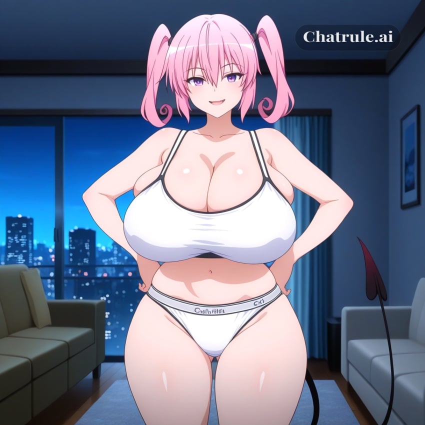 1girl 8k adult ai_assisted ai_generated anime_screencap ass black_clothing breast_expansion cinematic cityscape cleavage curly_hair demon_tail depth_of_field enormous_breasts eyes_half_closed fang hair_between_eyes hair_tie home in_heat indoors large_breasts living_room medium_hair nana_asta_deviluke night_time oversized_breasts pink_hair purple_eyes scenery seductive_eyes seductive_smile short_stack thick_thighs tiny_waist twintails uncensored wide_hips