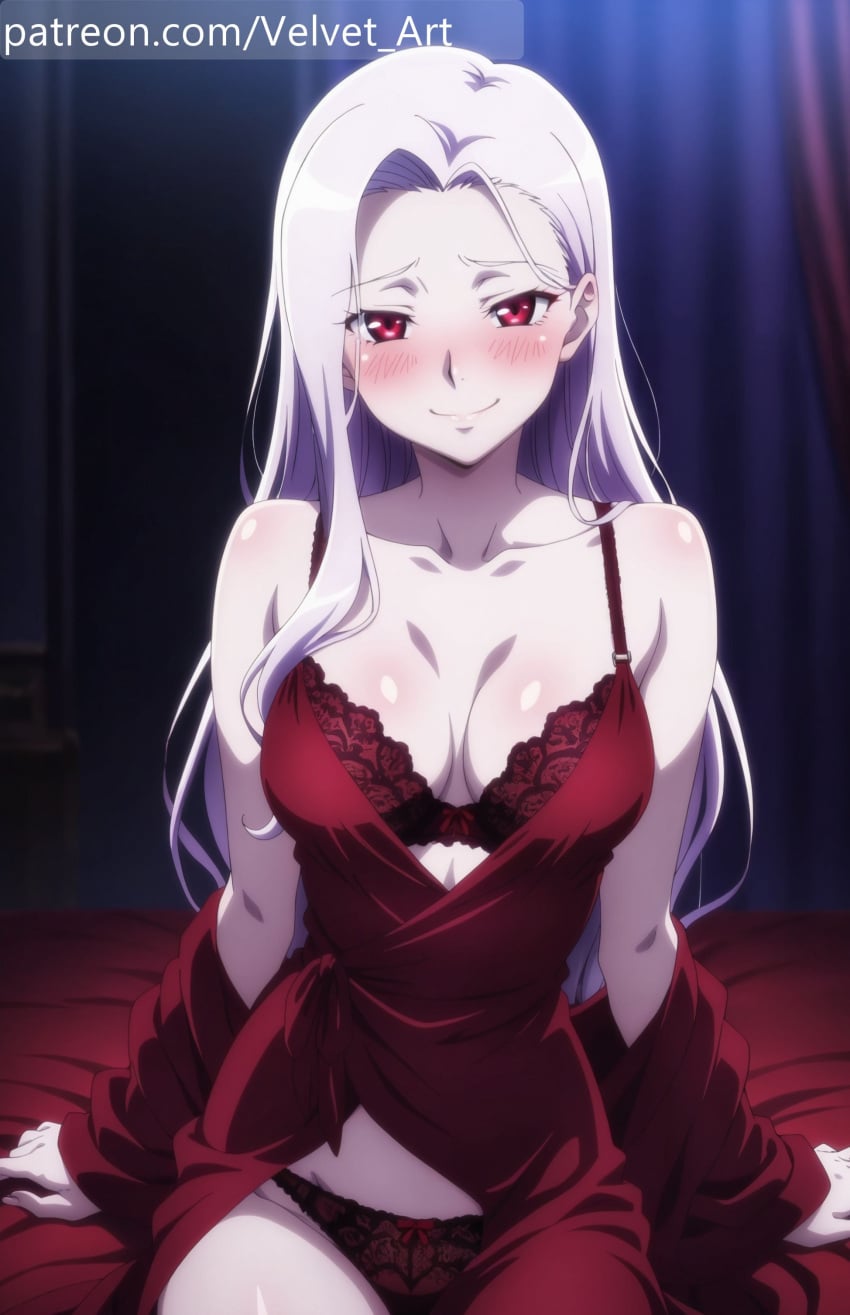 1girl 1girls ai_generated blushing bra lingerie looking_at_viewer overlord_(maruyama) panties red_eyes shalltear_bloodfallen vampire vampire_girl velvetart white_hair
