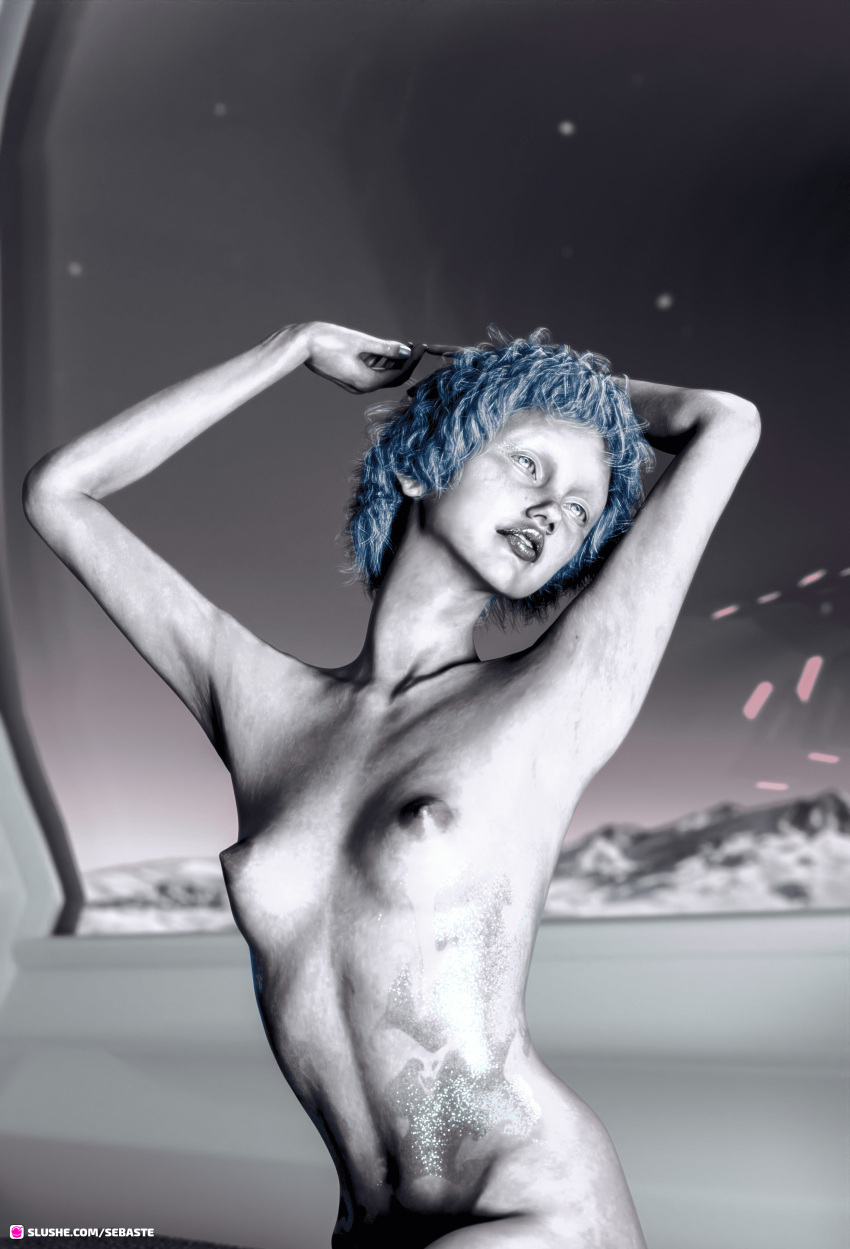 1girls 3d blue_hair female female_only lipstick nude nude_female outdoor outdoor_nudity outdoors outside sebaste slushe_(website) small_breasts solo solo_female tagme