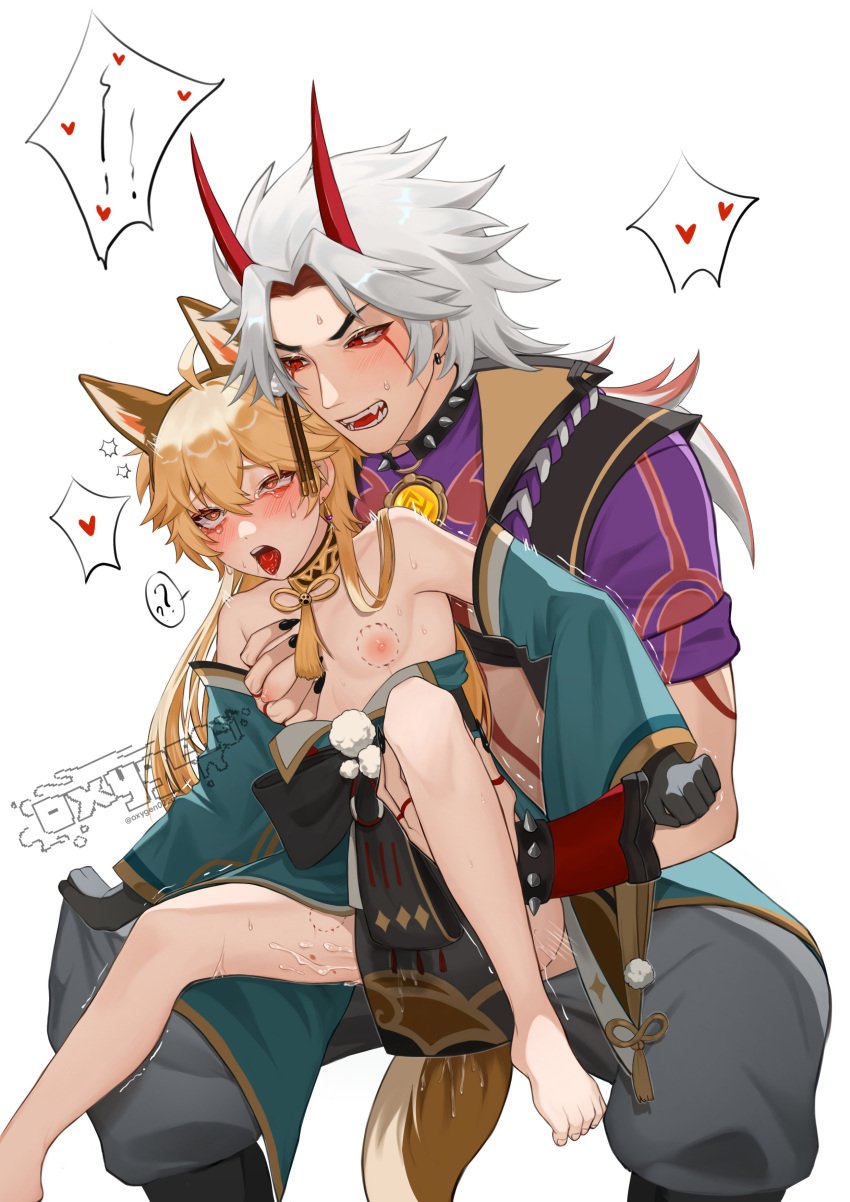 2boys aether_(genshin_impact) ahe_gao anal animal_ear_hairband animal_ear_headband animal_ear_headwear arataki_itto bigger_dom bigger_penetrating_smaller bite black_gloves black_nails blonde_hair body_markings clothed cum curled_toes duo eyes_rolling_back facial_markings fangs femboy gay genshin_impact grey_hair heart-shaped_pupils horns male male_only multiple_boys nipples off_shoulder open_mouth orange_eyes oxygen0220 red_horns red_markings sitting size_difference smaller_male spiked_bracelet spiked_collar squeezing_pec sweat trembling white_background white_hair yaoi