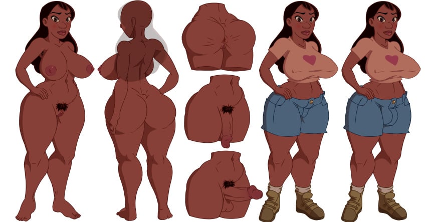 1futa 1girls areola balls big_breasts breasts character_sheet chris_bryer clothed clothing dark-skinned_female dark-skinned_futanari dark_skin erect_nipples erection female flaccid fully_clothed futanari huge_ass human lilo_and_stitch model_sheet nani_pelekai nipples nude penis pussy solo standing thick_thighs wide_hips