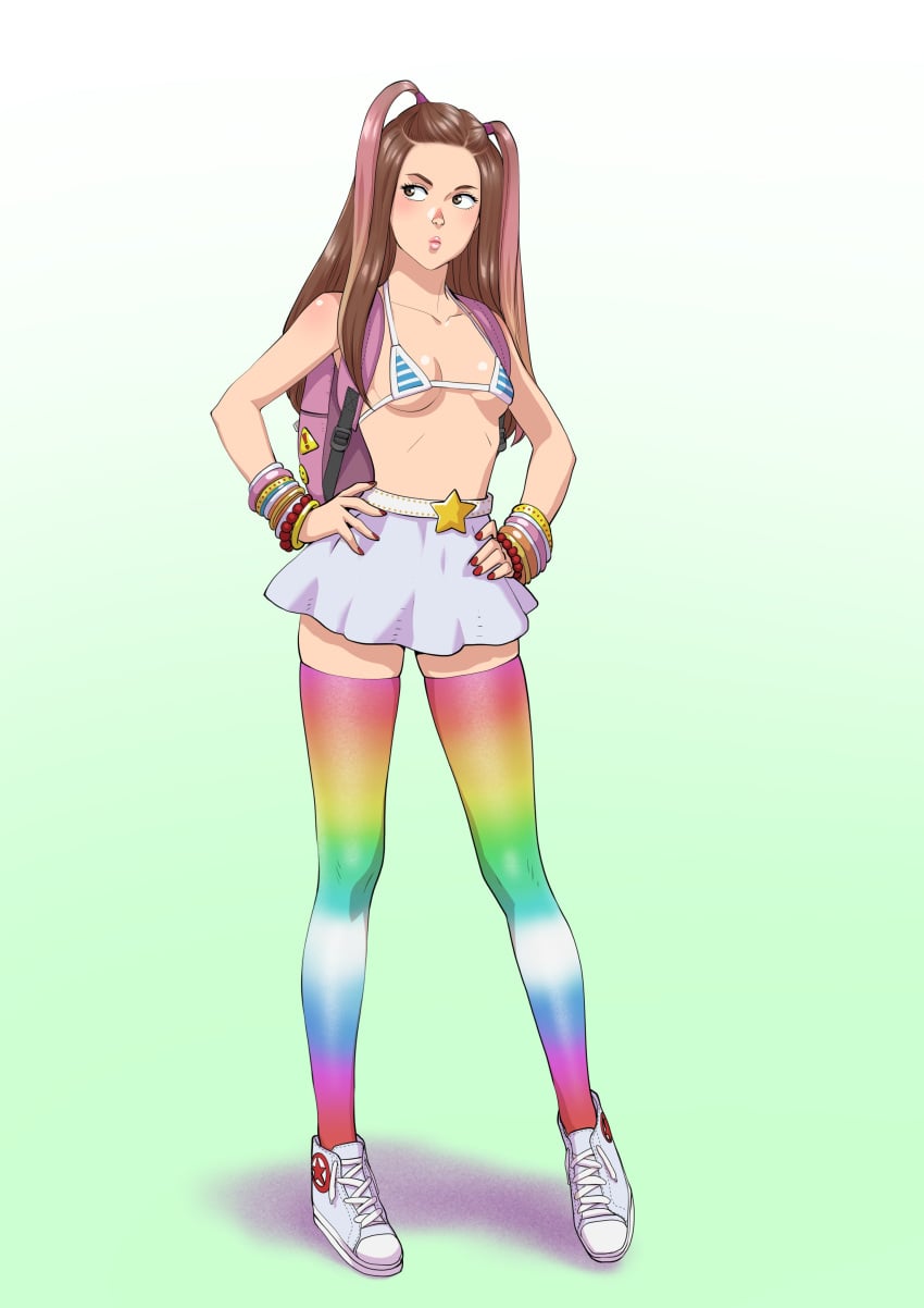1girls 2d 2d_(artwork) backpack bikini bikini_top bracelet bracelets breasts brown_eyes brown_hair collarbone debbie_(tekuho) female footwear gradient_background hands_on_hips hi_res hourglass_figure human legwear light-skinned_female light_skin lips long_hair looking_to_the_side original original_character pink_hair pose posing puckered_lips rainbow_legwear shadow shoes simple_background skirt slender_legs slim_waist small_breasts sneakers solo standing star straight_hair tekuho thighhighs thighs two-tone_hair wide_hips