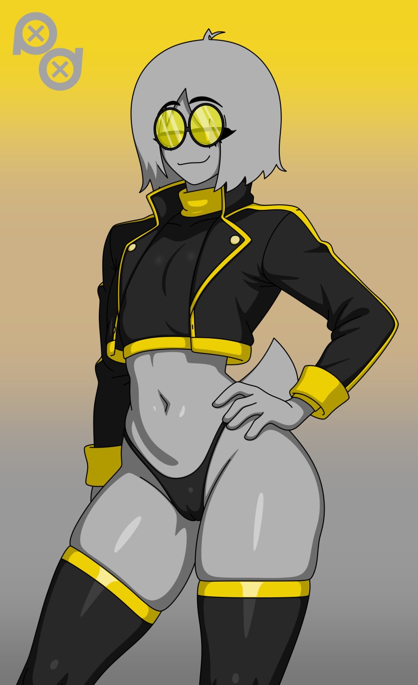 1femboy artist_logo black_jacket black_shirt black_stockings black_thong cuntboy femboy grey_fur hand_on_hip midriff pose puffle puffle_bastille_(puffledreemurr) puffledreemurr turtleneck_shirt yellow_glasses