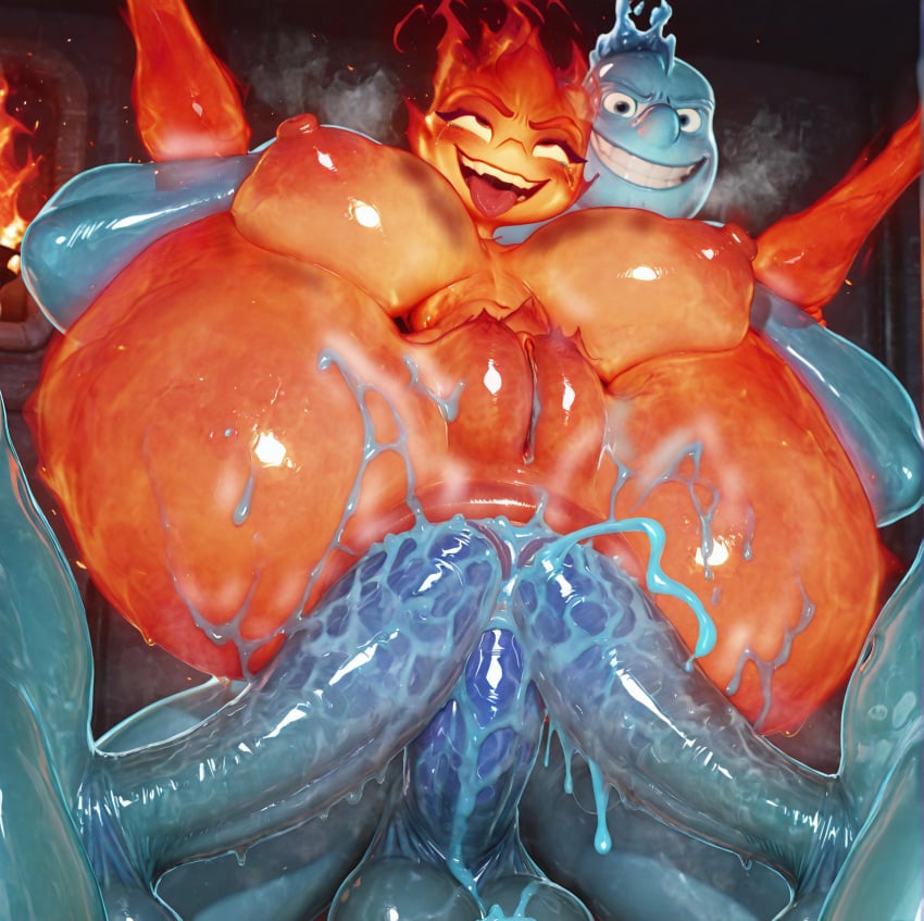 ahegao ai_generated big_breasts big_cock crying disney elemental_(pixar) elemental_creature elemental_humanoid ember_lumen filled_to_the_brim fire fire_humanoid flaming_hair freckles fucked_silly full_nelson hot_breath huge_breasts huge_cock multiple_penises pixar pubic_hair puffy_pussy pussy red_eyes steam steaming_body tongue_out triple_anal wade_ripple water water_humanoid wicked_smile
