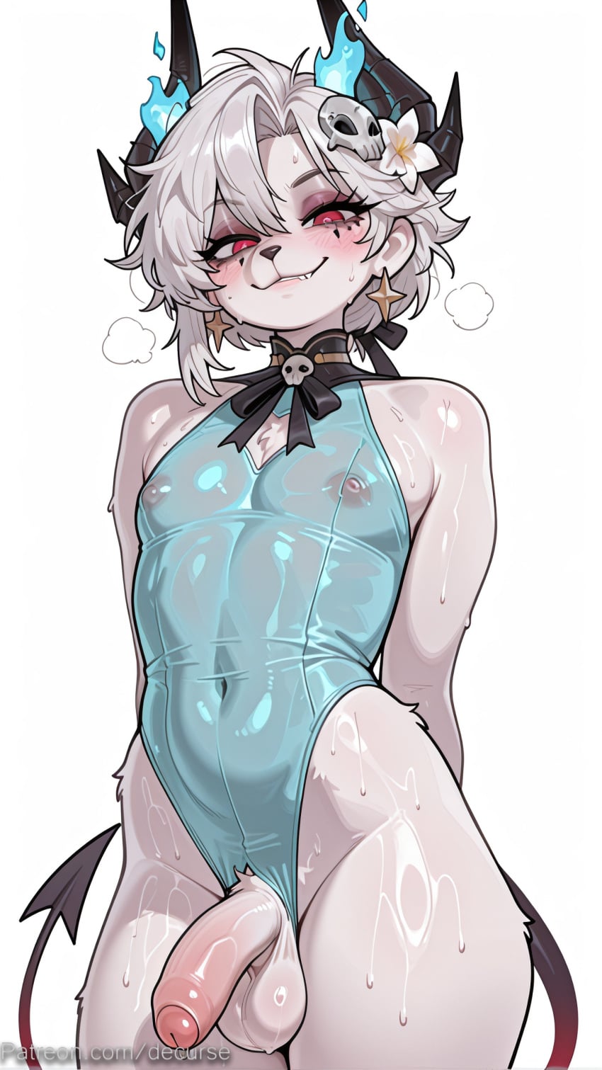 1boy ai_generated arms_behind_back black_horns blush covered_navel covered_nipples cowboy_shot decurse demon_boy demon_horns earrings flower furry furry_male grey_hair hair_flower hair_ornament horns jewelry leotard looking_at_viewer male_focus mole nipples penis red_eyes ribbon shiny shiny_skin simple_background smile solo star_(symbol) sweat tail testicles uncensored white_background wuthering_waves zani_(wuthering_waves)