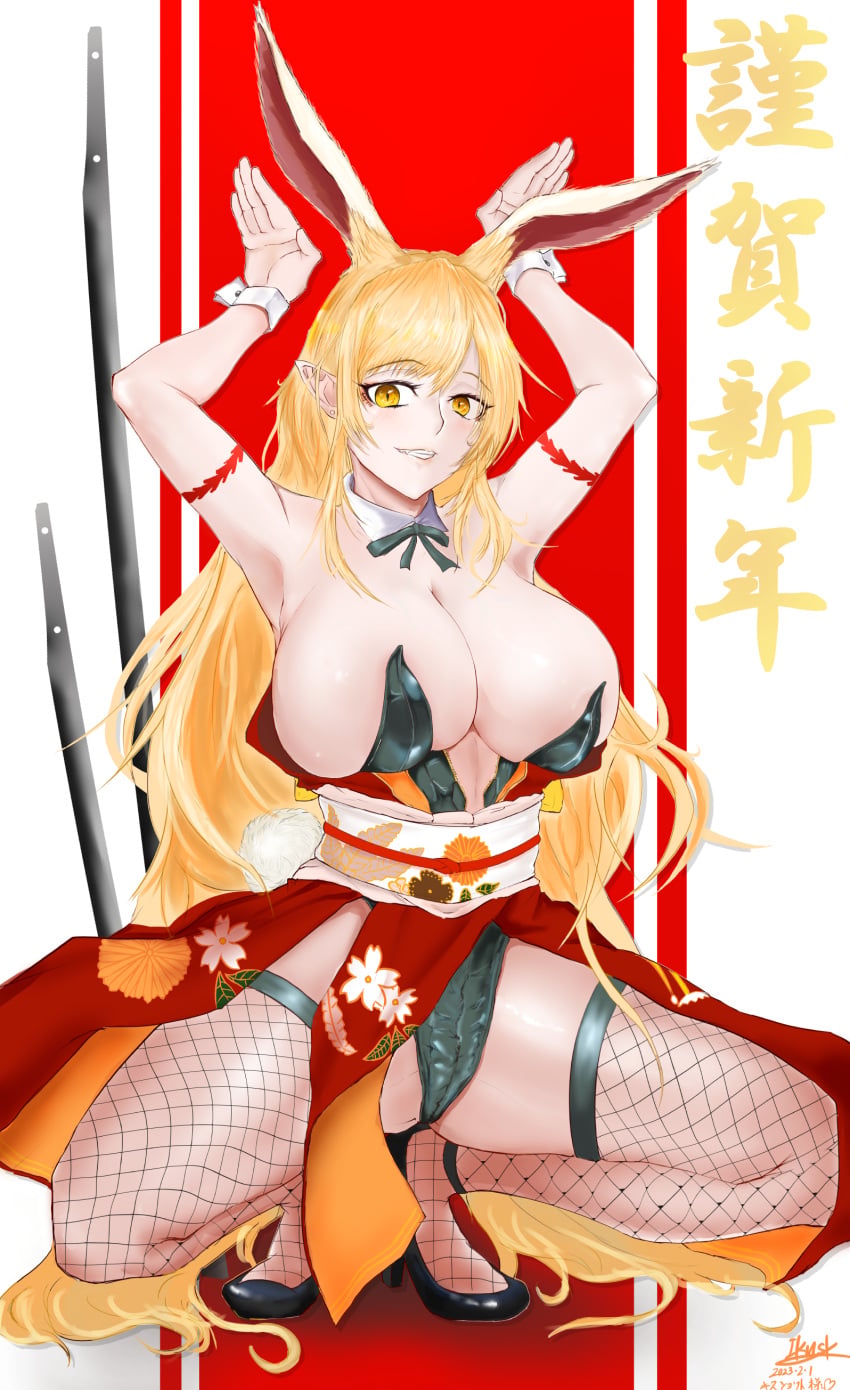 1girls big_breasts blonde_hair bowtie breasts bunny_ears bunny_pose bunnysuit busty cleavage cuffs_(clothing) curvy eyebrows eyebrows_visible_through_hair eyelashes female female_focus female_only fishnet_legwear fishnet_thighhighs fishnets high_heels huge_breasts iknsk kiss-shot_acerola-orion_heart-under-blade large_breasts light-skinned_female light_skin long_hair looking_at_viewer monogatari_(series) overflowing_breasts playboy_bunny pointy_ears solo solo_female solo_focus squatting thick_thighs thighs very_long_hair voluptuous yellow_eyes