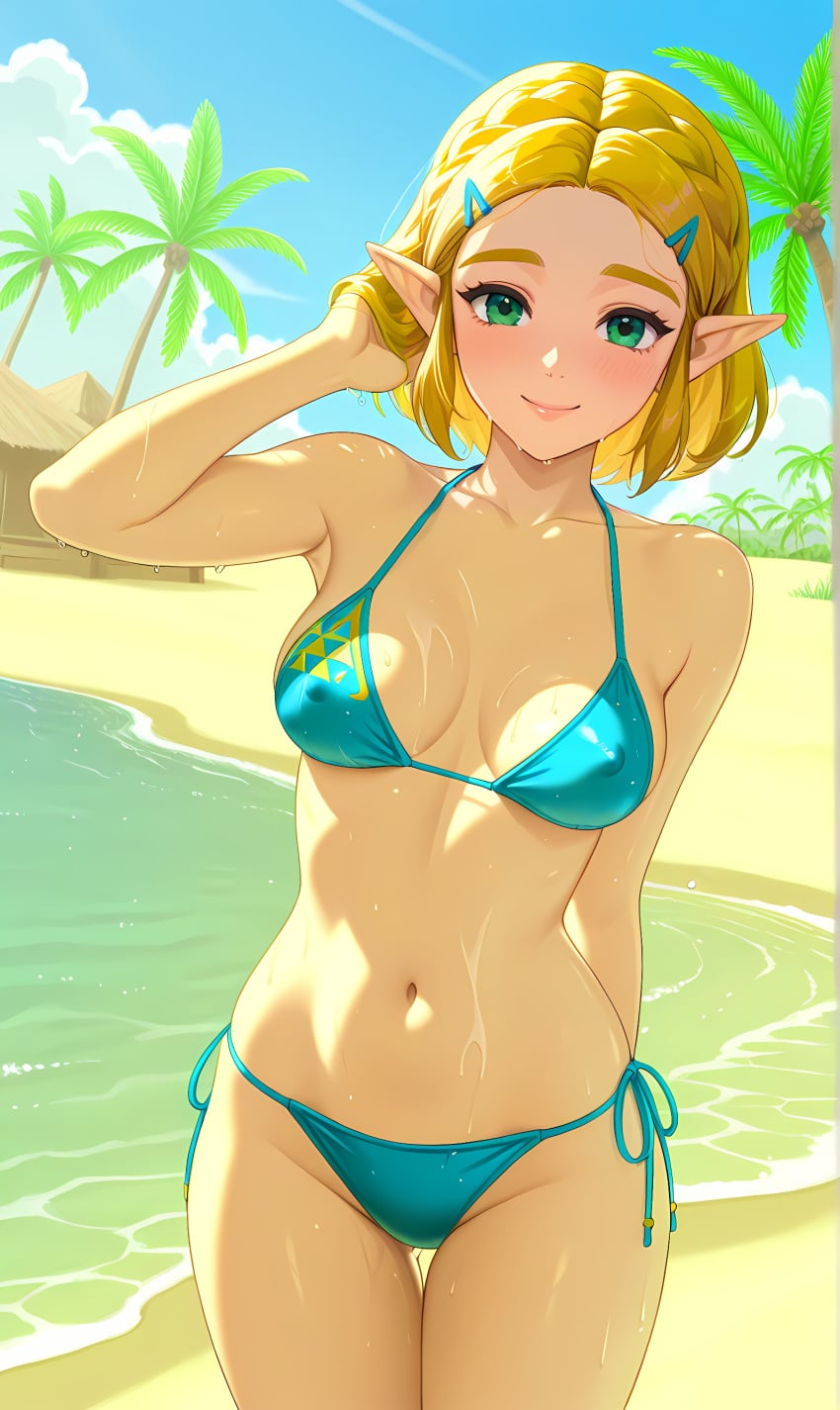 abdomen ai_generated arm_behind_back beach_background beach_house blonde_hair blue_bikini blue_bikini_bottom blue_bikini_top blushing breasts cleavage elf_girl erect_nipples green_eyes hand_in_hair happy hips hylian looking_at_viewer navel palm_trees pixai princess_zelda sand sea seafoam short_hair sky smiling source_request sunny_day the_legend_of_zelda thighs waist wet_body zelda_(tears_of_the_kingdom)