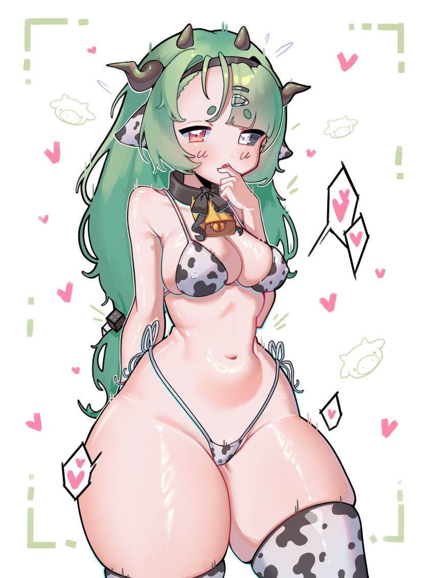 1girl 1girls animal_ears animal_print averting_eyes bell bikini black_sclera breasts breedable_hips colored_sclera cow_ears cow_girl cow_horns cow_print cow_print_bikini cow_print_thighhighs cowbell crelly curvy dice_hair_ornament female green_hair grey_eyes grey_sclera hair_ornament hairband heart heterochromia highres hips horns indie_virtual_youtuber large_breasts long_hair lordefimich mismatched_sclera open_mouth print_bikini print_thighhighs red_eyes swimsuit thick thick_thighs thighhighs thighs tits virtual_youtuber vtuber white_background wide_hips