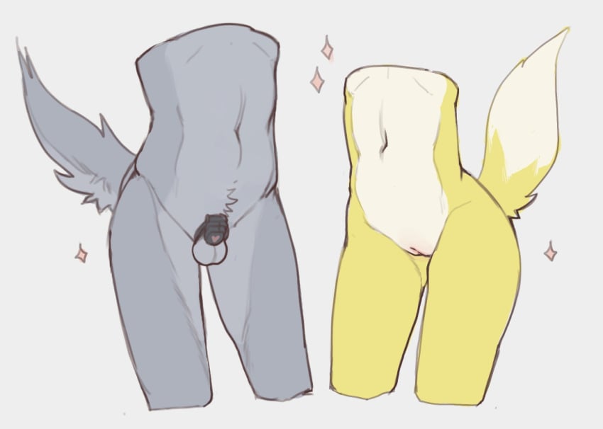 ambiguous_species anthro balls blush body_blush both_sexes_in_same_situation chastity_cage chastity_cage_only chastity_device chastity_device_only countershade_tail countershade_torso countershading duo faceless_character female female_anthro fluffy fluffy_tail fur genitals grey_body grey_fur heart_symbol male male_anthro midriff nude nude_anthro nude_female nude_male sparkles squean syn-6 tail vulva vulva_blush wearing_chastity_cage wearing_chastity_device yellow_body yellow_fur