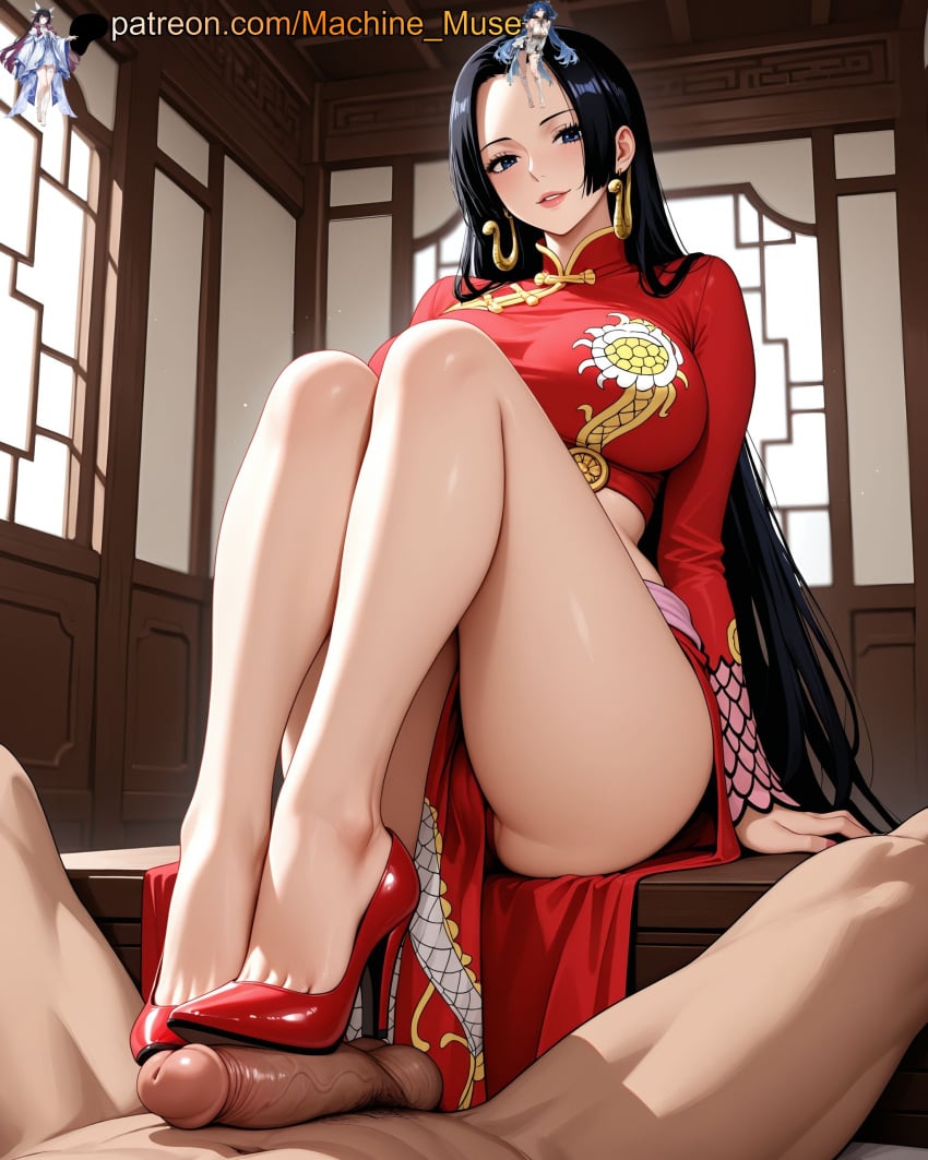 1boy 1girl 1girls adult adult_female ai_generated balls ballsack beautiful_female beautiful_girl big_breasts black-haired_female black_hair blue_eyes boa_hancock boobs breasts bust busty busty_female busty_girl cock dick dress earrings feet feet_fetish female first_person_view foot foot_fetish foot_play footjob footwear girl high_heels jewelry large_breasts legs long_hair machine_muse male male_pov mature mature_body mature_female one_piece penis pov pov_male sexy sexy_body shoejob shoes solo_focus testicles tits two-footed_footjob uncensored watermark