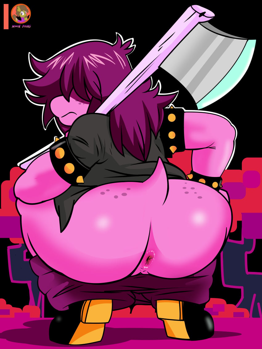 absurd_res anus ass crouching deltarune female freckles freckles_on_butt genitals hi_res humanoid looking_back monster_girl moon_pearl pussy rear_view scalie solo succubi_samus susie_(deltarune) tail video_games weapon