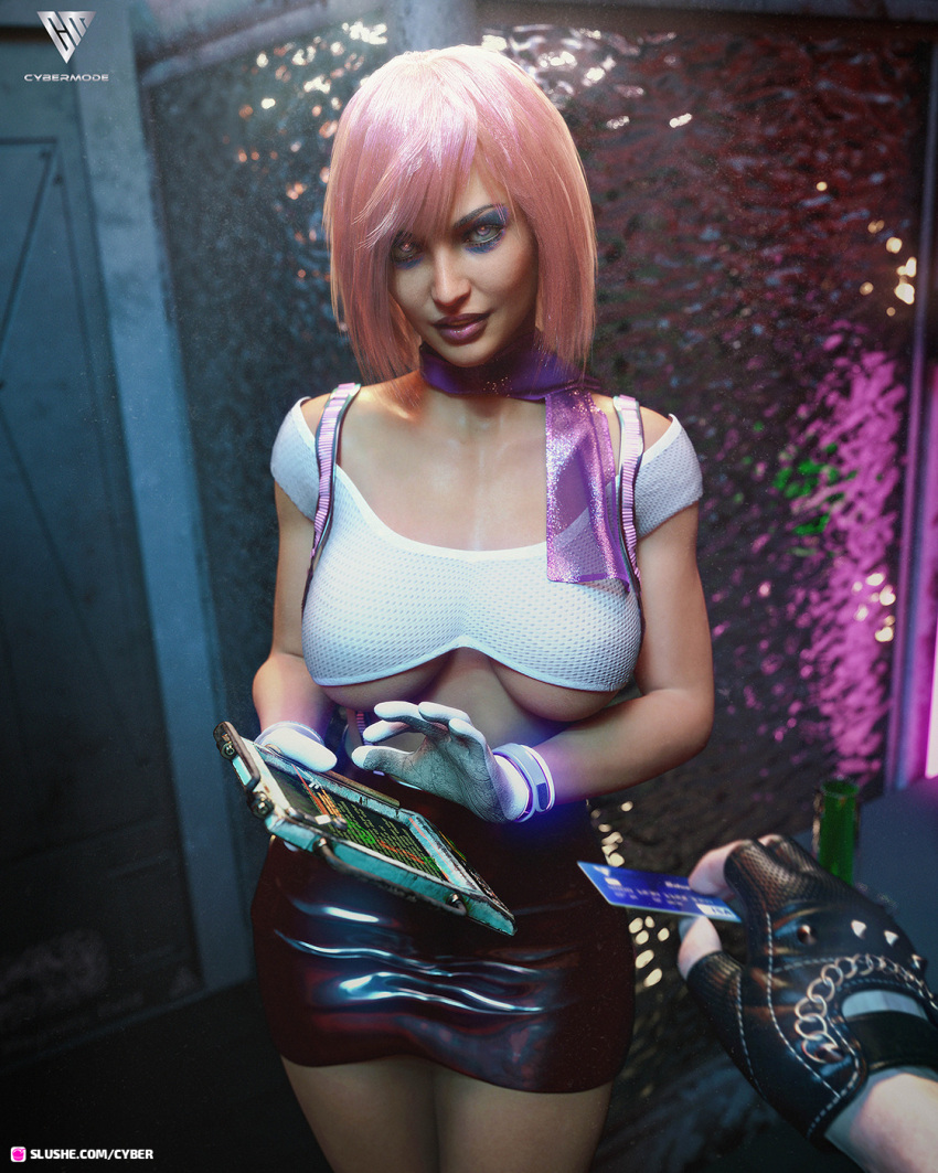 1girls 3d credit_card cyber_(artist) depth_of_field female female_focus female_only gloves large_breasts lipstick looking_at_viewer pink_hair pov prostitute prostitution seductive seductive_look short_hair skirt slushe_(website) solo solo_female solo_focus tablet tagme underboob white_gloves