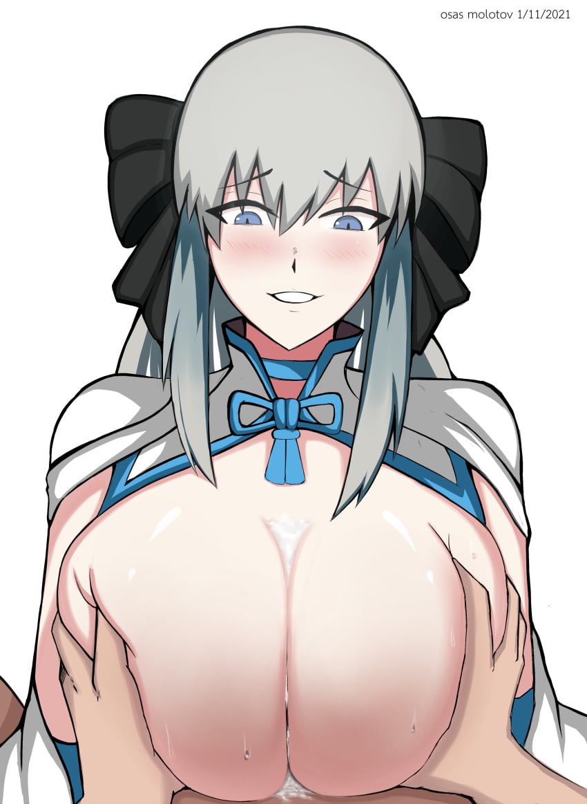 1boy 1girls absurdres artist_name bangs blue_eyes blush bow breast_grab breast_squeeze breasts cleavage commentary cum cum_on_body cum_on_breasts english_commentary eyebrows_visible_through_hair fate/grand_order fate_(series) female grabbing hair_between_eyes hairbow highres light-skinned_female light-skinned_male light_skin long_hair looking_down morgan_le_fay_(fate) open_clothes osas_molotov paizuri signature silver_hair simple_background smile solo_focus straight sweat upper_body white_background