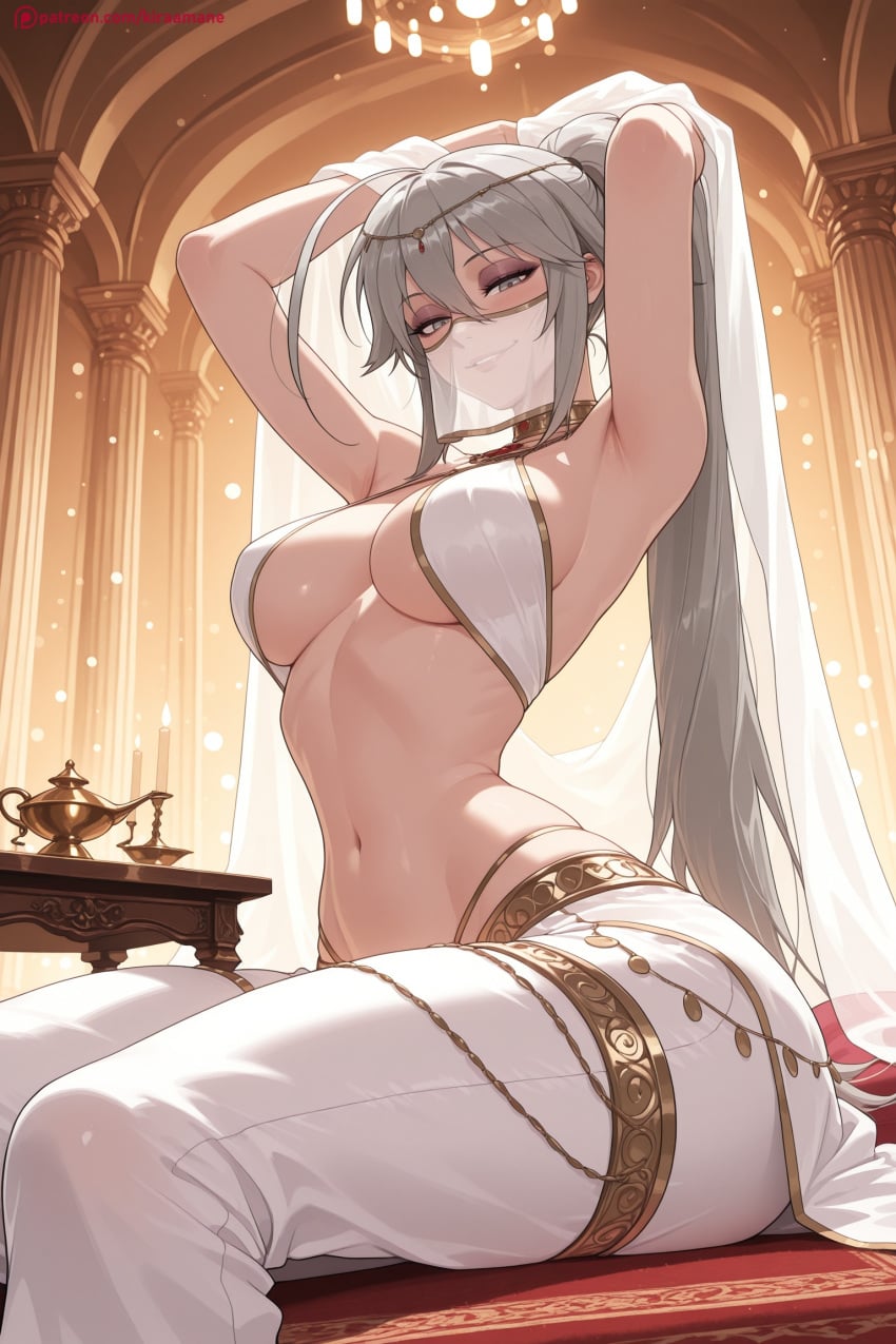 1girl ai_generated armpits breasts curtains grey_eyes grey_hair hair_between_eyes hi_res high_quality high_resolution indoors karasuba_(sekirei) kiraamane large_breasts long_hair looking_at_viewer navel pants patreon seductive sekirei sexy sidelocks sitting smile solo uncensored underboob very_long_hair watermark
