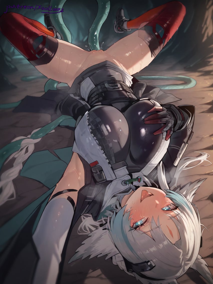 1girls ai_generated arcane_(arknights:_endfield) arknights arknights:_endfield blue_eyes blue_hair blush eyebrows_visible_through_hair head_wings headwear jacket light_blue_hair long_sleeves multicolored_hair parted_bangs patreon patreon_username short_hair thighhighs white_hair xzollosez