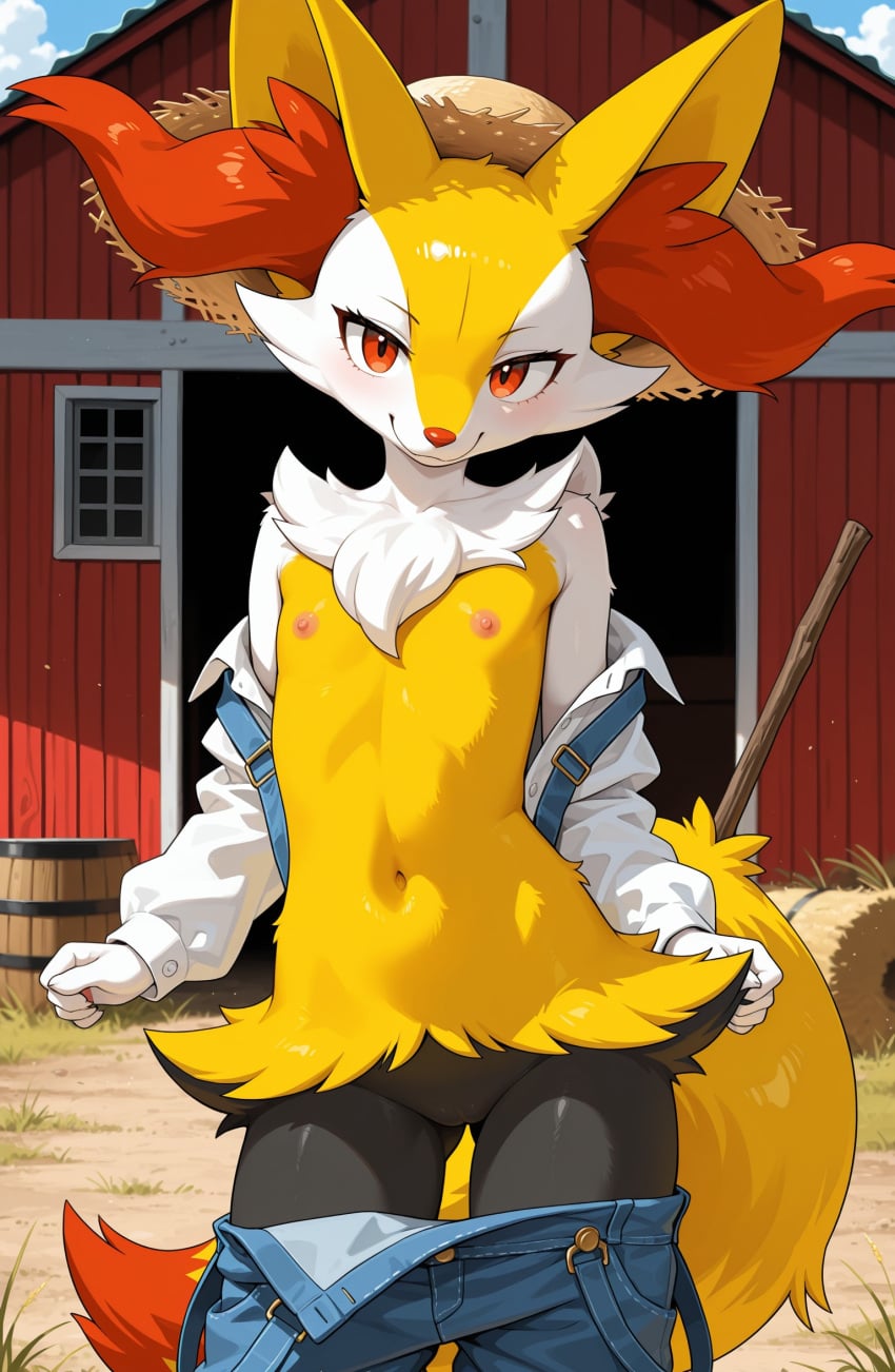 1girls 2026 ai_generated anthro bare_shoulders barn black_fur braixen farm female female_only flat_chest generation_6_pokemon hi_res inner_ear_fluff innie_pussy mostly_nude mostly_nude_female nintendo nipples off_shoulder orange_eyes orange_fur outdoors overalls pants pants_down pink_nipples pokemon pokemon_(species) pussy shirt shirt_down smile straw_hat unbuttoned unbuttoned_shirt undressing white_fur yellow_fur zonoya_(artist)