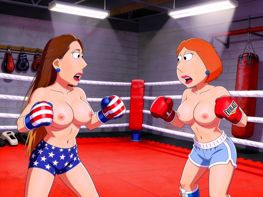 ai_generated big_breasts boxing erect_nipples family_guy lois_griffin no_bra shorts thighs topless