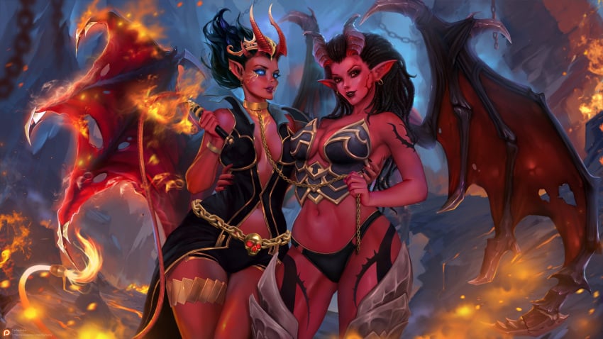 2demons 2girls arm_around_waist black_hair blue_eyes chain_belt chain_leash chains dominatrix dota_2 earrings fire hair_up hand_on_another's_waist holding_leash holding_whip horns leash long_hair looking_at_viewer medium_breasts medium_hair panties pointy_ears queen_of_pain red_skin sarah_kerrigan skimpy_armor standing starcraft succubus tigrsasha whip wings