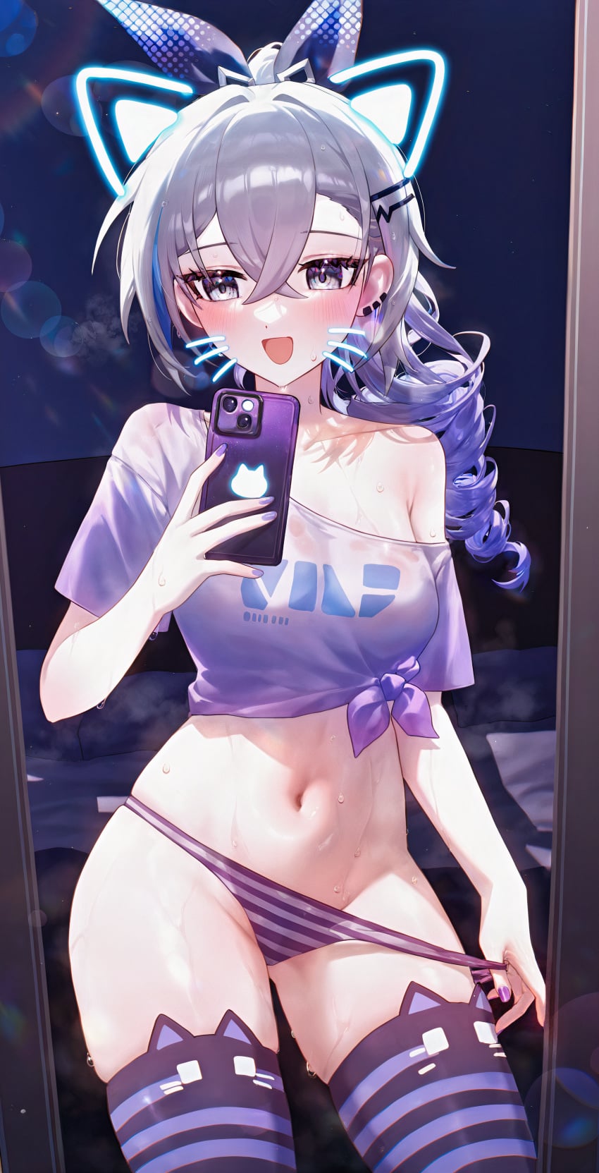 1girl :d ai_generated alternate_costume animal_ear_legwear animal_ears black_thighhighs blush breasts brown_eyes brown_hair cat_ear_legwear cat_ears cellphone collarbone cowboy_shot crop_top crossed_bangs drill_hair earrings fake_animal_ears gradient_hair grey_hair hair_between_eyes hair_ornament hair_ribbon hairclip holding holding_phone honkai:_star_rail hoyoverse indoors jewelry long_hair looking_at_mirror looking_at_viewer medium_breasts midriff ministro mirror multicolored_hair multiple_views nail_polish navel no_pants off-shoulder_shirt off_shoulder open_mouth panties panty_pull phone pink_shirt ponytail pulled_by_self reflection ribbon selfie shirt short_sleeves side-tie_shirt silver_wolf_(honkai:_star_rail) smartphone smile solo standing stomach streaked_hair striped_clothes striped_panties striped_thighhighs sweat t-shirt taking_picture thighhighs thighs tied_shirt twin_drills