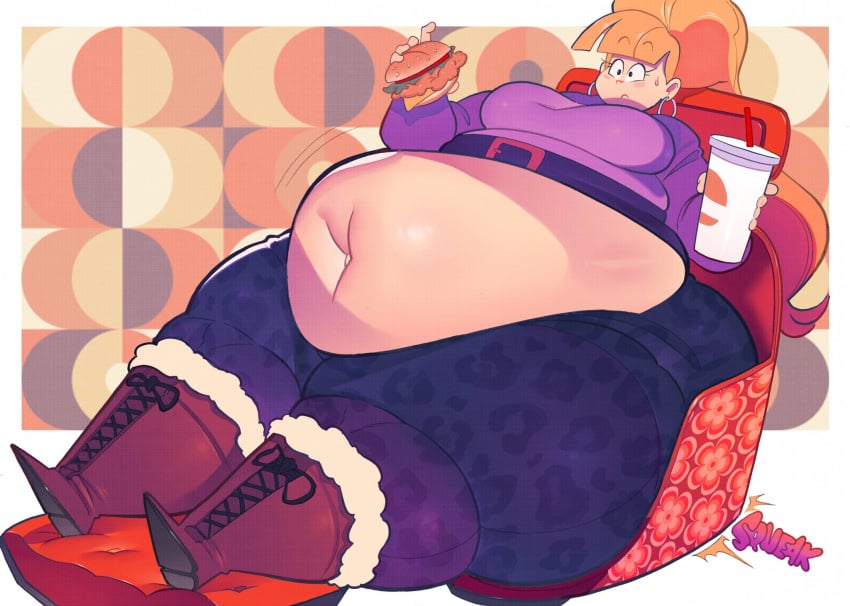 1girl 1girls 2d 2d_(artwork) bbw belly belly_button blonde_female blonde_hair breasts burger chubby chubby_female crack_the_moon eating fat fat_female female female_focus female_only gravity_falls obese obese_female overweight overweight_female pacifica_northwest sbbw soda stomach thick_thighs weight_gain white_skin