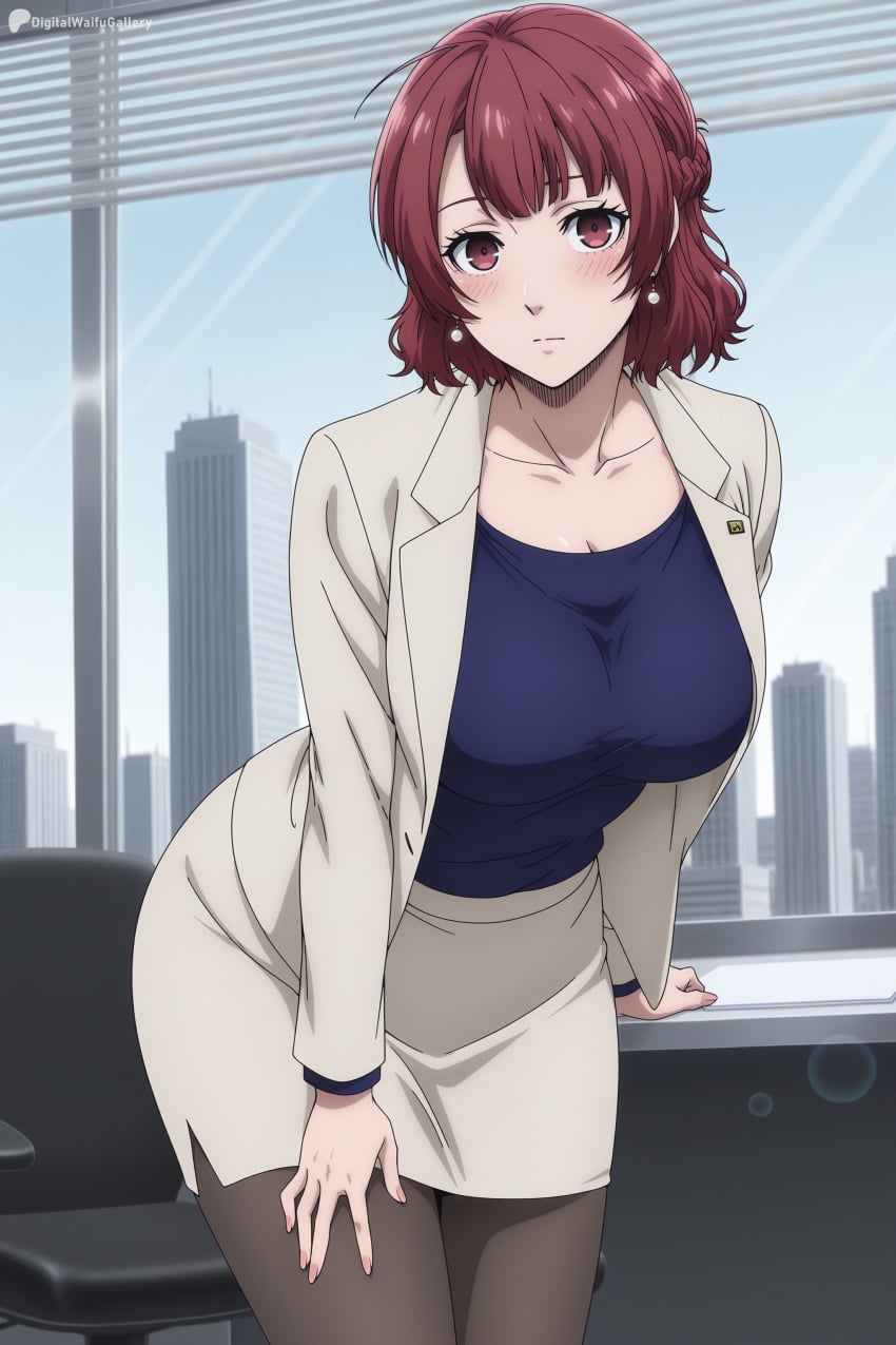 1girl ai_generated black_pantyhose blue_lock blue_shirt blush braid breasts chair cleavage closed_mouth collarbone digitalwaifugallery earrings formal hand_on_own_thigh hi_res high_quality high_resolution indoors jacket jewelry large_breasts leaning_forward long_sleeves looking_at_viewer mature_female office office_lady pantyhose patreon pencil_skirt red_eyes red_hair seductive sexy shirt short_hair skirt solo standing suit teieri_anri uncensored watermark white_jacket white_skirt window