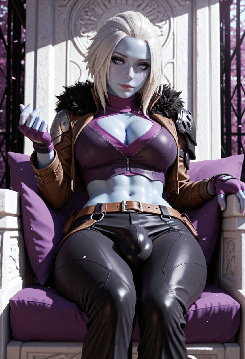1futa abs ai_generated beckoning blue_body blue_eyes blue_skin breasts bulge bulge_through_clothing cleavage destiny_(game) destiny_(video_game) destiny_2 fit fit_futa futanari mara_sov short_hair sparcy white_hair