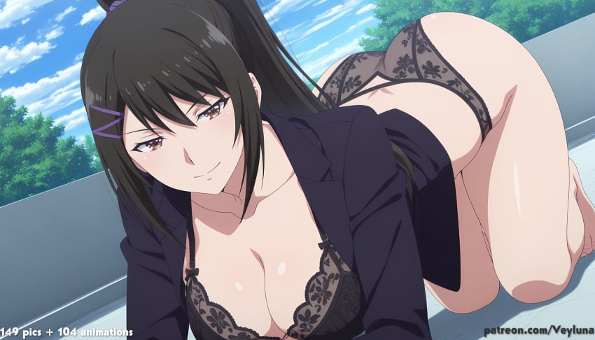 1girl 1girls absurd_res ai_assisted ai_generated all_fours anime ass ass_focus balcony black_hair black_lace_panties blue_sky blush boobs breasts brown_eyes bubble_butt butt butt_focus chabashira_sae classroom_of_the_elite cleavage curvaceous curvy curvy_figure female female_focus female_only glistening_skin high_ponytail high_resolution highres hourglass_figure huge_ass huge_breasts huge_butt large_breasts leaning_forward light-skinned_female lingerie long_hair looking_at_viewer open_blazer open_clothes outdoor patreon patreon_logo patreon_username presenting purple_hair_ornament purple_hairclip railing seducing seductive seductive_look seductive_smile smile smiling smiling_at_viewer smirk solo solo_female solo_focus sweat thick_ass thick_thighs thighs trees voluptuous water_drops wide_hips