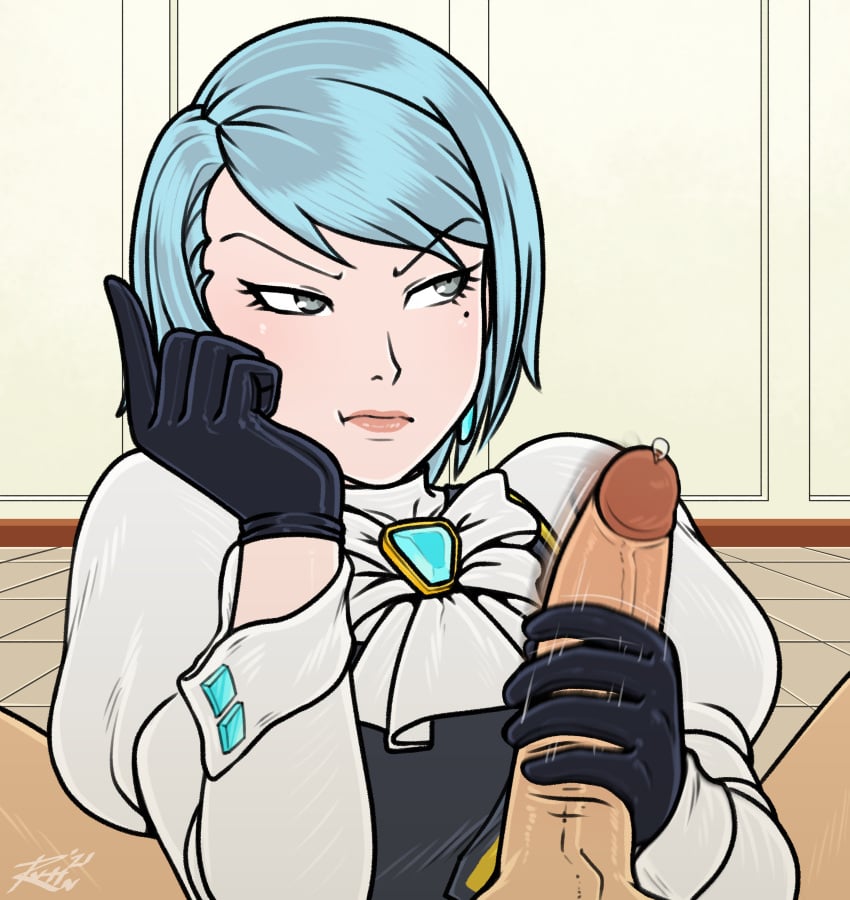 1boy 1girls absurd_res absurdres annoyed annoyed_expression beauty_mark big_penis black_gloves blue_hair capcom clothed_female clothed_female_nude_male cyan_hair dubious_consent eyes_rolled faceless_male female franziska_von_karma gloves grey_eyes gyakuten_saiban handjob handjob_with_gloves hi_res highres holding_head jerking jerkingoff_another karuma_mei leaking_precum lips male nude_male nude_male_clothed_female offscreen_character offscreen_male penis pov precum public public_nudity public_sex reluctant revtilian rolling_eyes short_hair unamused