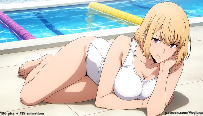 1girl 1girls absurd_res ai_assisted ai_generated anime ass ass_focus blonde_hair boobs breasts bubble_butt butt butt_focus cha_hae-in cleavage curvaceous curvy curvy_figure glistening_skin high_resolution highres hourglass_figure huge_ass huge_breasts huge_butt light-skinned_female looking_at_viewer lying one-piece_swimsuit patreon patreon_logo patreon_username poolside purple_eyes short_hair smile solo solo_leveling swimming_pool swimsuit thick_thighs thighs voluptuous water white_swimsuit wide_hips