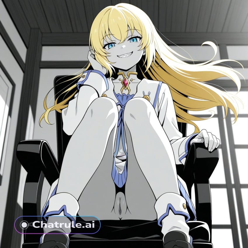 1girl ai_assisted ai_generated anime_coloring beautiful blonde_hair blue_eyes blue_trim chest_jewel colette_brunel day detailed_background dress floating_hair general grayscale grin hair_between_eyes hand_on_hair high_contrast highres indoors long_hair looking_at_viewer no_nose perfect_anatomy pussy sharp_teeth sitting_on_chair slit_pupils smug socks source_anime upskirt_view