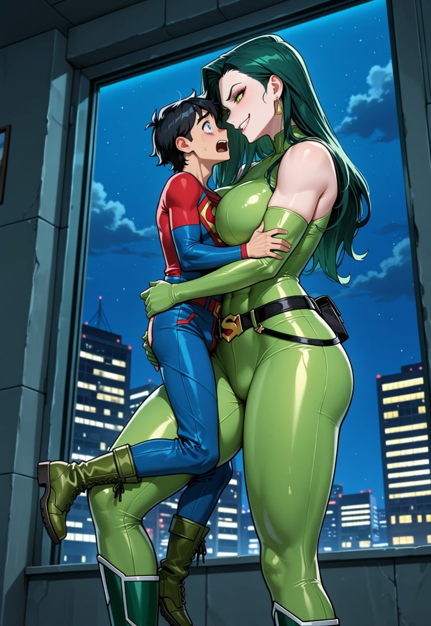1boy 1girl 1girl1boy abs ai_generated carrying_another carrying_position dc dc_comics dominant_female dominatrix femdom giantess larger_female madame_hydra maestro22 marvel marvel_comics night night_sky size_difference smirk submissive_male superhero superheroine superman superman_(series) taller_female