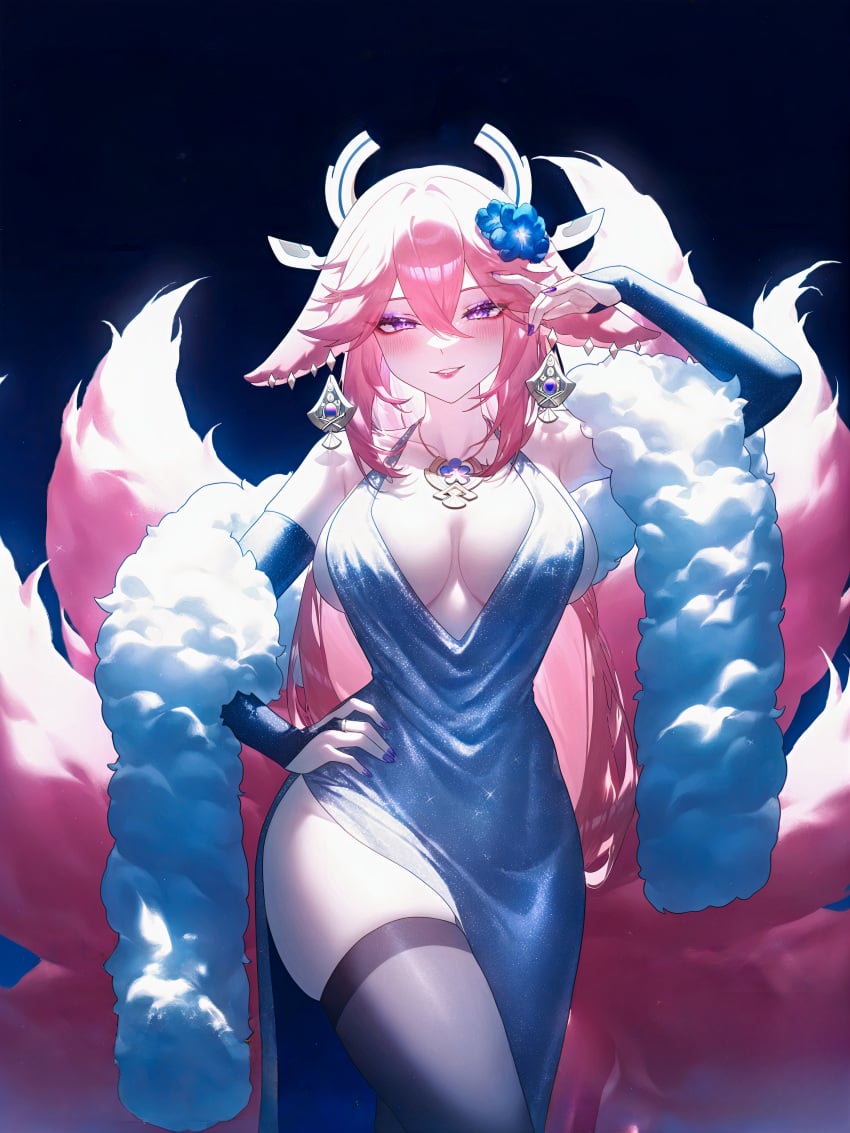 1girl ai_generated alternate_costume animal_ears arm_up bare_shoulders black_thighhighs breasts breasts_apart bridal_gauntlets brown_thighhighs center_opening cleavage cowboy_shot detached_sleeves dress earrings elbow_gloves evening_gown eyeshadow feather_boa floppy_ears flower fox fox_ears fox_girl fox_tail genshin_impact gloves hair_between_eyes hair_flower hair_ornament halter_dress hand_on_own_hip hand_up hoyoverse jewelry kitsune kyuubi large_breasts lipstick long_hair looking_at_viewer makeup ministro multiple_tails nail_polish necklace parted_lips pink_eyes pink_hair plunging_neckline purple_eyes purple_hair purple_lips purple_nails red_eyes shawl side_slit sidelocks sleeveless sleeveless_dress smile solo standing tail thighhighs thighs very_long_hair yae_miko