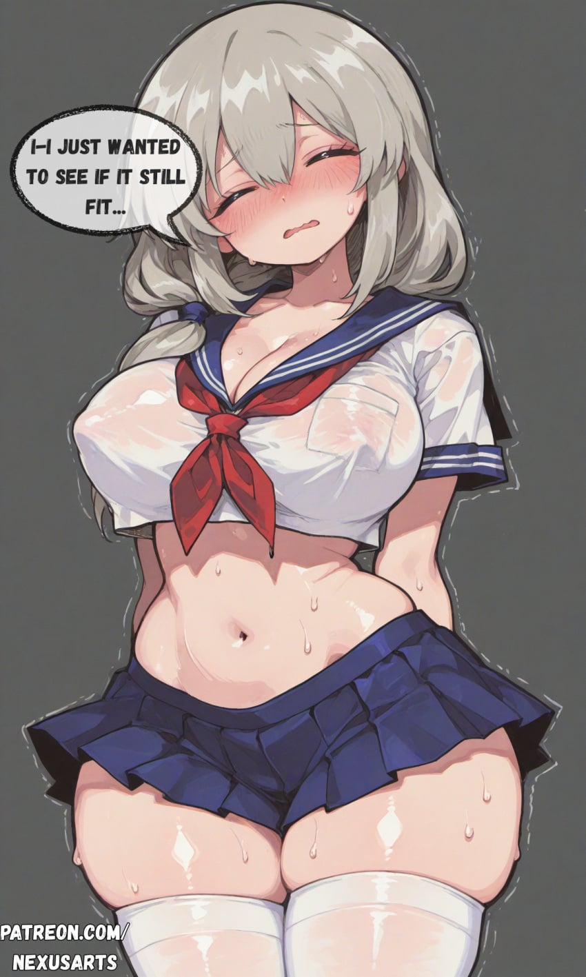 1girl ai_generated cleavage embarrassed large_breasts lewd milf milf_body miniskirt nipples nipples_visible_through_clothing ruigenart serafuku skindentation solo standing tight_clothing uzaki-chan_wa_asobitai! uzaki_tsuki