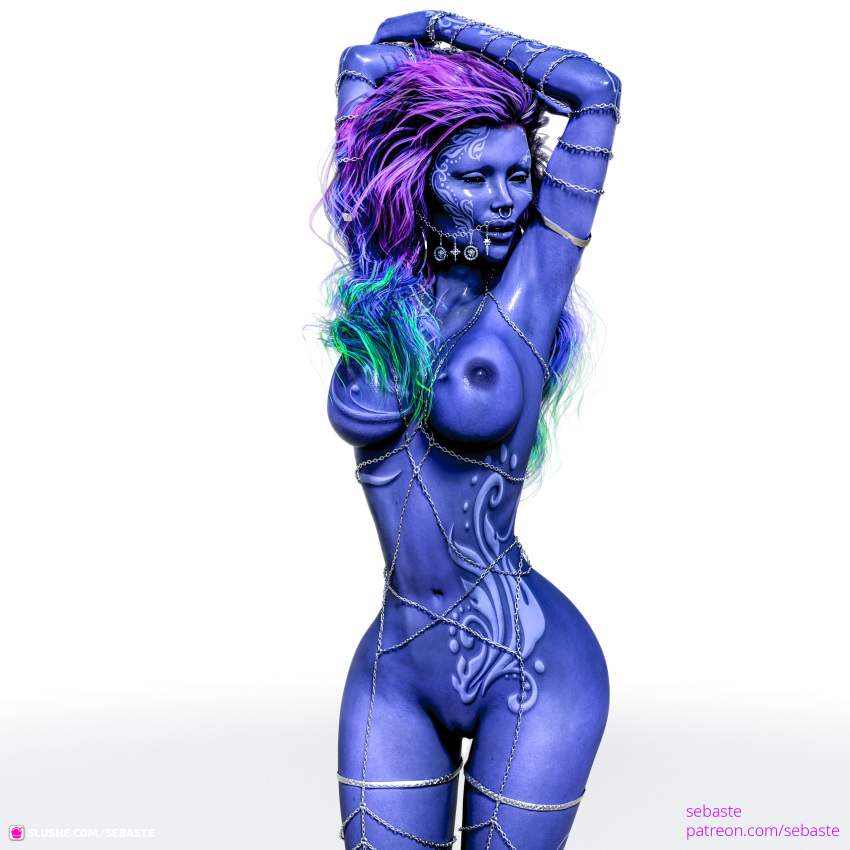 3d blue_hair blue_skin chains gaunt green_hair jewelry large_breasts markings narrow_waist nose_ring nude nude_female pinup purple_hair sebaste simple_background slushe_(website) solid_color_background sunken_cheeks tagme three-tone_hair two-tone_hair white_background wide_hips